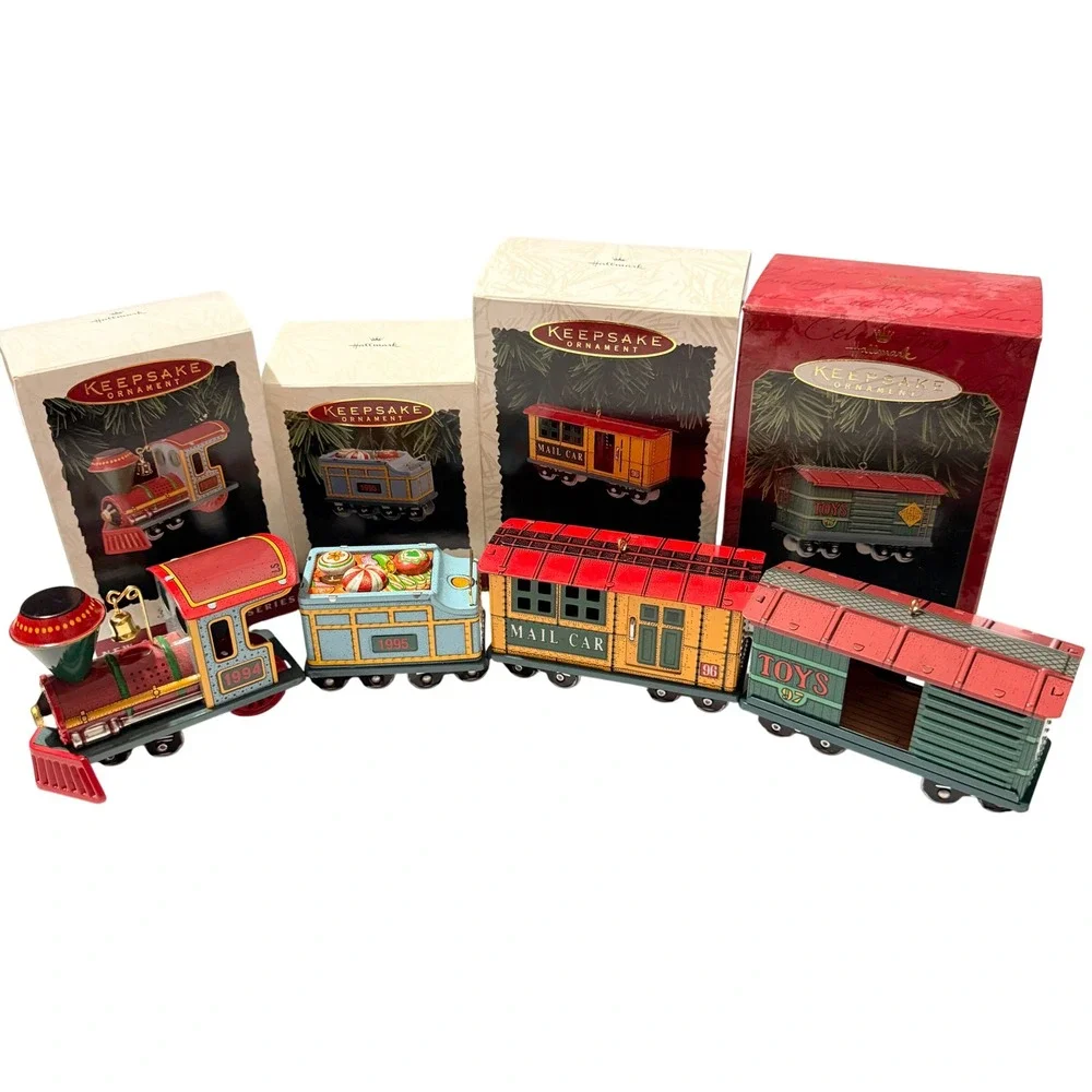 Hallmark Yuletide Central Train Ornament Set 1994-1997 Pressed Tin 4pc Boxed